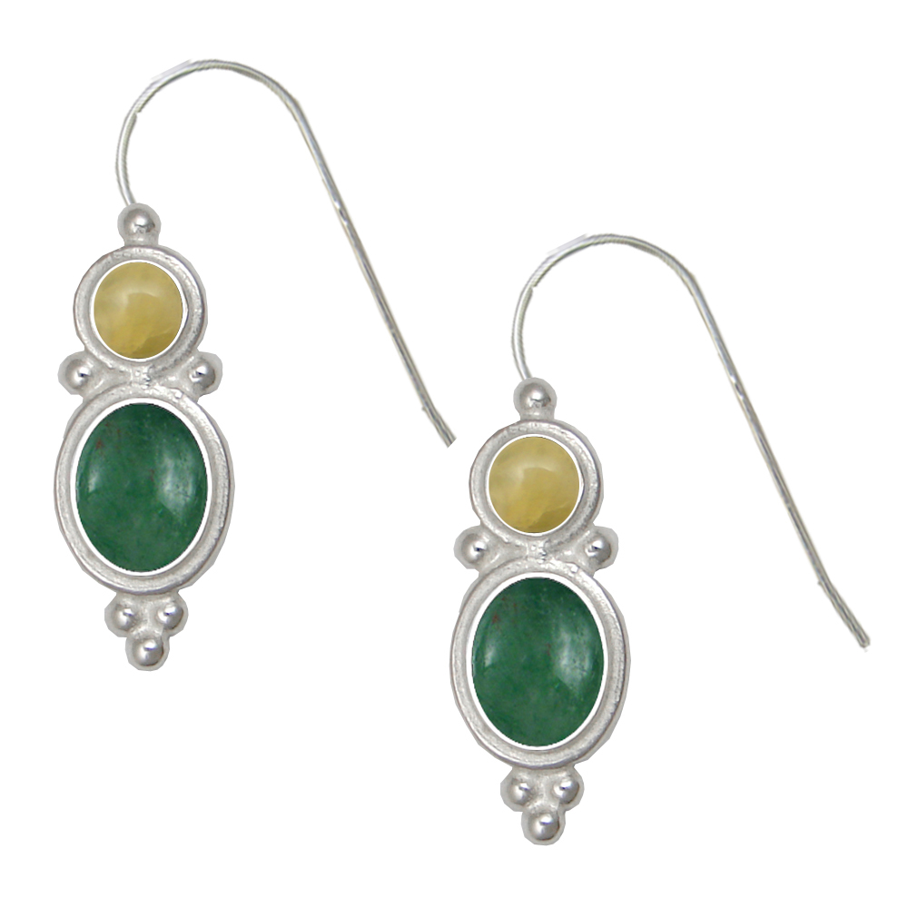 Sterling Silver Drop Dangle Earrings Green And Yellow Jade